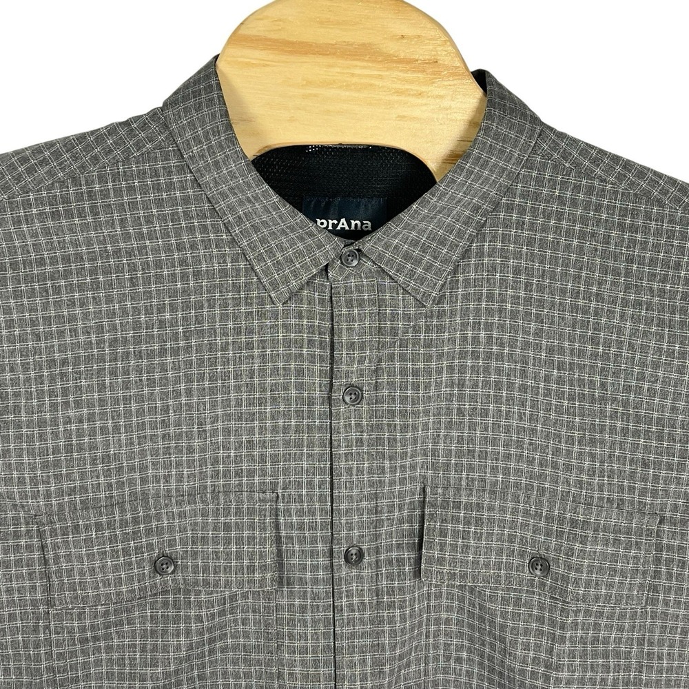 Prana Men XL Gray Window Pane Vented M11212667 Button‎ Up Short Sleeve Shirt